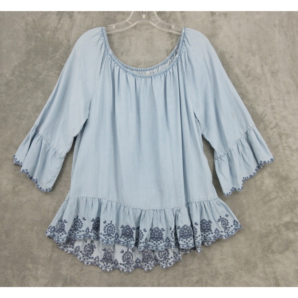 Democracy Top Womens Size L Embroidered Ruffle Hem Lyocell Chambray Boho Blue